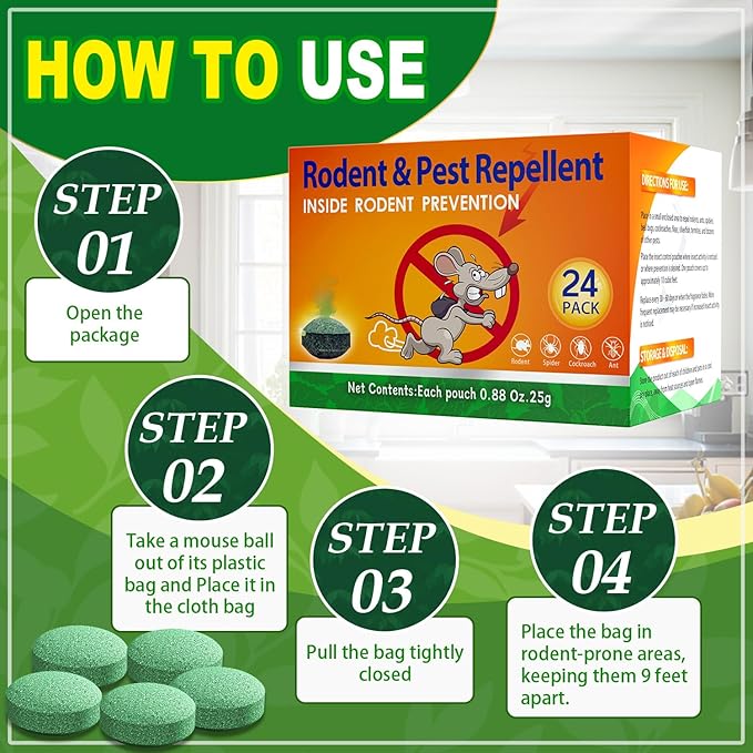 Mouse Rodent Repellent 24 Pack, Peppermint Oil Balls for Rodents Outdoor and Indoor Use, Deterrent Rats Mice Repellent for Car,Kitchen