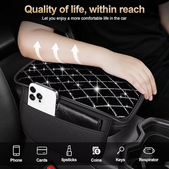 Bling Center Console Cover with 2 Side Pockets Fit for Venza Multi-Functional Car Armrest Cushion Diamond-Studded Rhombus Pattern Style(Black&Silver Diamond)
