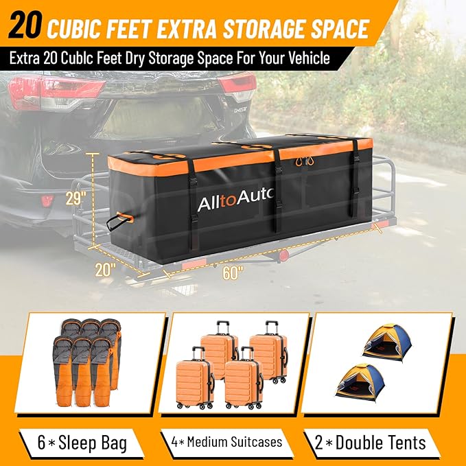 20 CuFt Waterproof Cargo Bag for Hitch Carrier | 60"x20"x29" Trailer Hitch Cargo Carrier | Weatherproof Truck Bed Storage with Straps, Lock & Carry Case | PVC Vehicle Soft-Shell Carriers