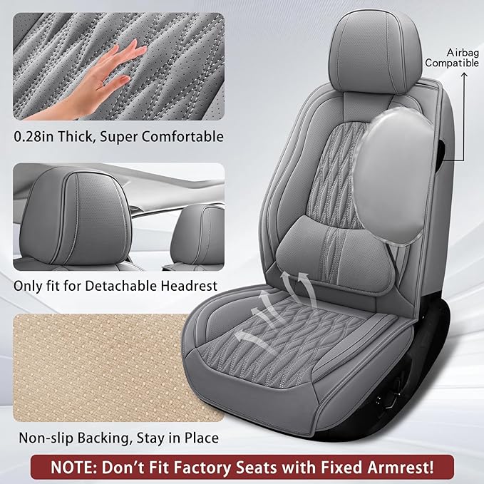 WELLDO Car Seat Covers Full Set, Leather Seat Covers for Car, Waterproof Car Seat Protector with Lumbar Support, Automotive Seat Covers Universal Fit for Most Cars SUV Truck,Gray,w02.