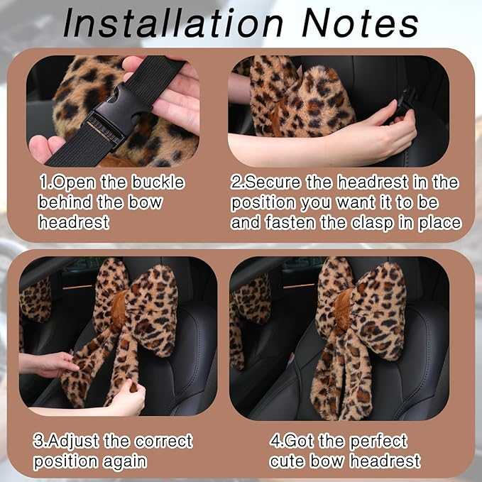 Macarrie 2 Pcs Car Neck Pillow Plush Butterfly Bow Car Headrest Pillow Comfortable Seat Neck Support Cute Head Rest Accessories for Driving Travel Driver Chair Girl Style Interior Decor(Leopard)
