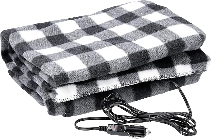 Heated Car Blanket - 12V Electric Travel Blanket for Car, Truck, SUV or RV - Portable Heated Throw for Road Trips, Camping or Winter Emergency Kit for Cold Weather Travel by Stalwart (Black Plaid)