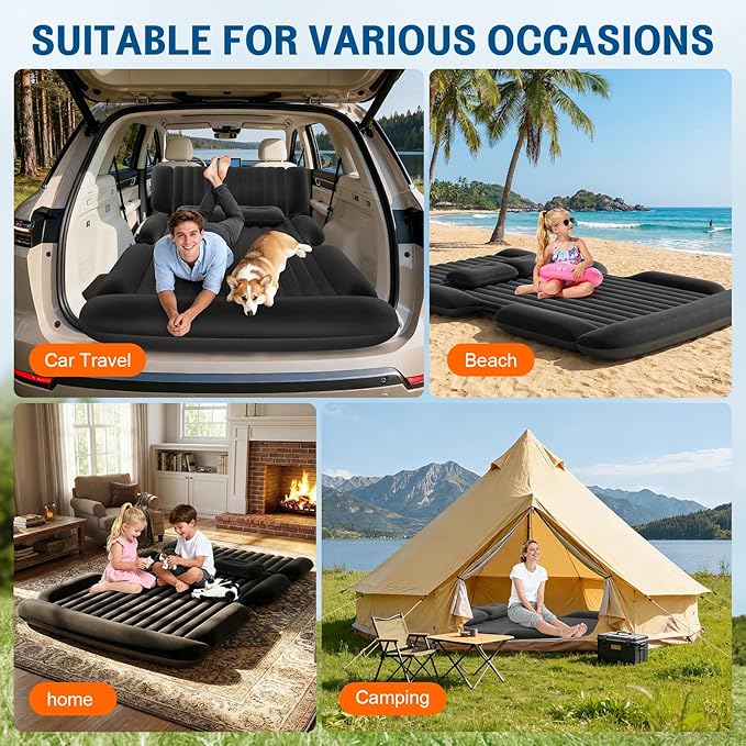 SUV Air Mattress - Thickened Car Air Mattress with Electric Pump, Portable Inflatable Car Bed with 2 Pillows, Camping Mattress Back Seat for SUV Trunk, Travel, Home (Black)