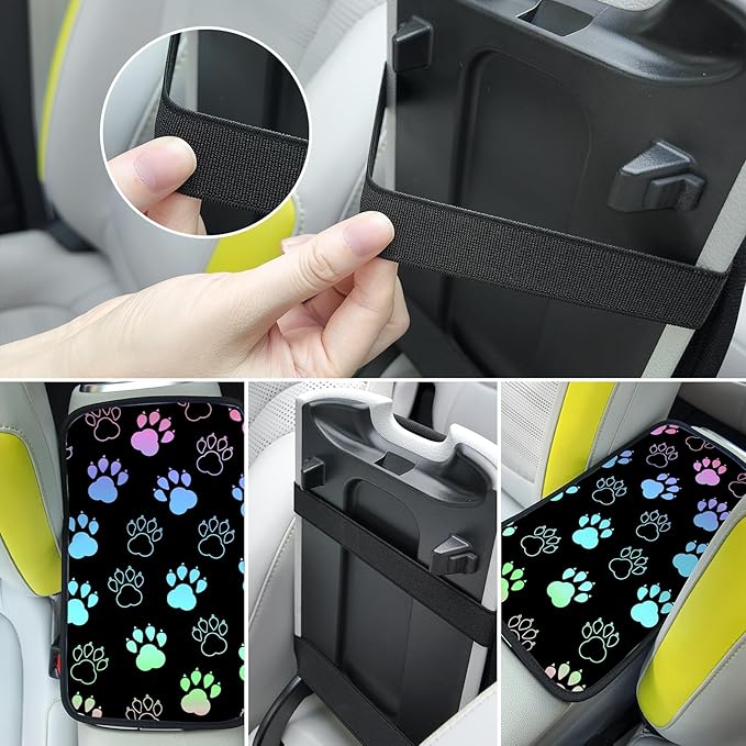 Auto Center Console Cover, Car Armrest Box Pad,Black Dog Paw Print Soft Waterproof Auto Armrest Seat Box Cover Protector for Most Vehicle SUV Truck Car