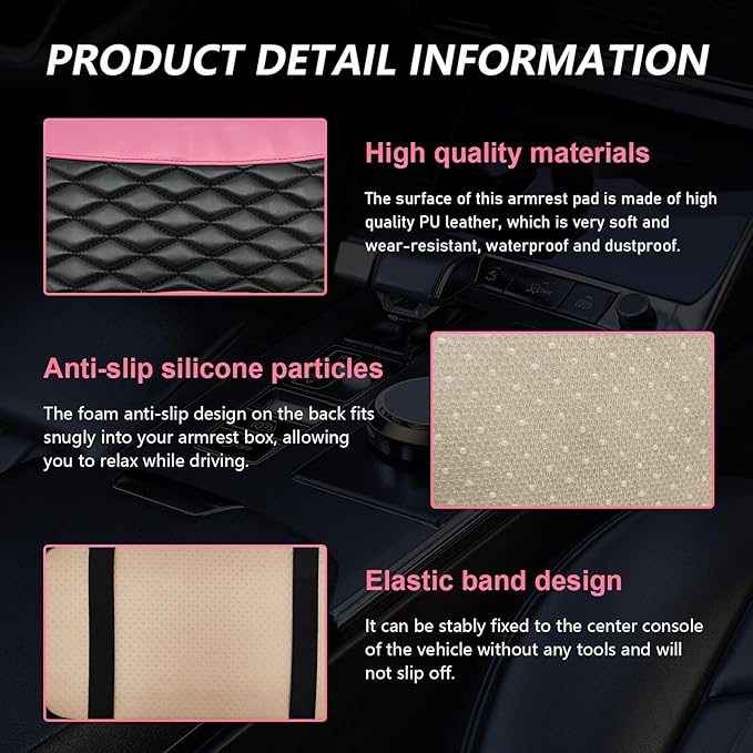 Car Center Console Cushion Pad, PU Leather Waterproof Auto Armrest Box Cover Protector, Comfortable Armrest Seat Box Cover Mat, Universal Car Accessories for SUV Truck (Pink)