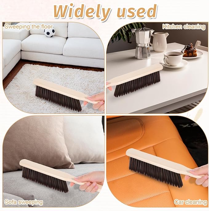 8 Pieces Hand Broom Brush Woooden Dust Brush Bulk Bench Brushes with Long Wood Handle Soft Bristle Whisk Broom Hand Held for Counter Bed Sofa Bench Car Fireplace Clothes Household Cleaning