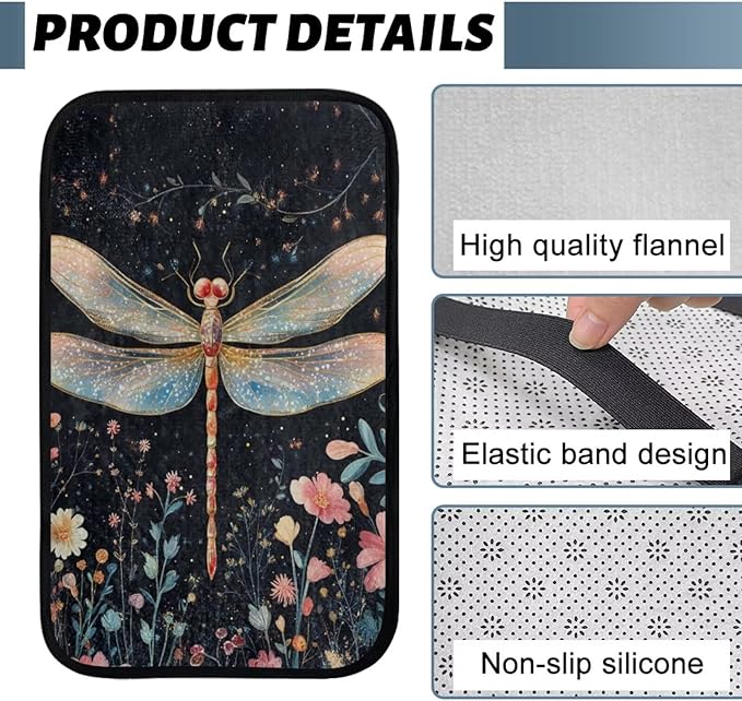 Dragonfly Flower Middle Console Covers Elastic Flannel Center Console Cover Anti-Slip Washable Car Center Console Lid Cover Accessories Compatible with Cars,SUV,Trucks