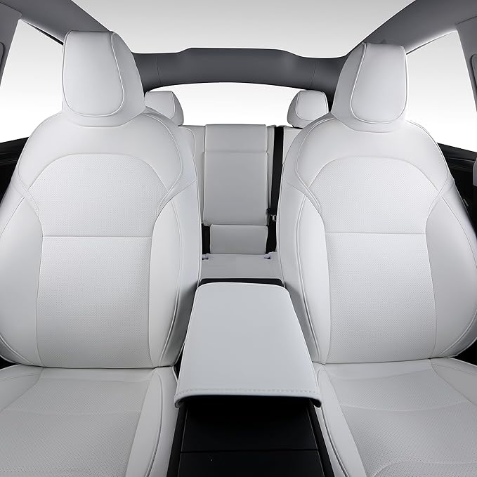 Custom Fit Seat Covers for 2025 2026 Tesla Model Y Juniper (5-Seater) - Ventilated Seats & Rear Screen Compatible - Nappa Leather Full Set Car Seat Protectors (White, Model Y 2025)