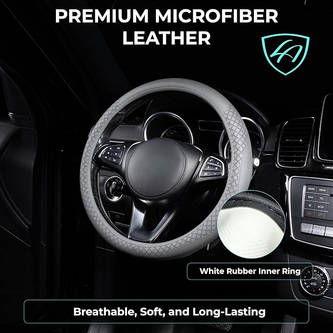 Lord Autofashion Steering Wheel Cover – PU Leather, Non-Slip Rubber Inner, All-Season Comfort – 14.5–15 Inch (Grey 9283)