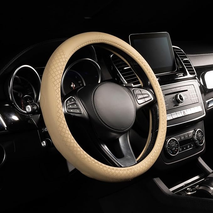 Lord Autofashion Steering Wheel Cover – PU Leather, Non-Slip Rubber Inner, All-Season Comfort – 14.5–15 Inch (Beige 9283)