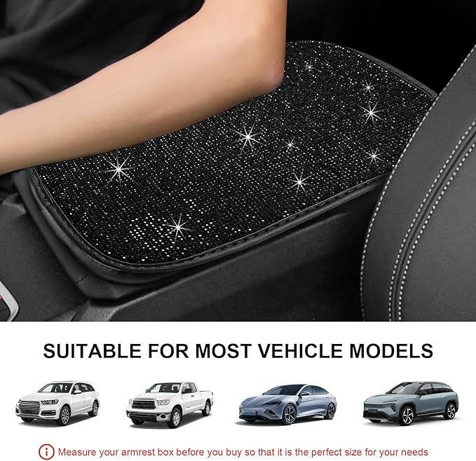 Bling Car Armrest Cover, 11.8"×8.5" Crystal Rhinestone Auto Center Console Protective Cover, Bling Charming Arm Rest Cushion Pad for Most Cars SUVs Trucks, Car Accessories (Black)