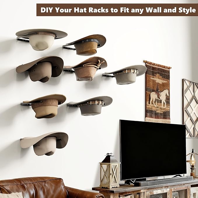 2-Pack Metal Hat Rack for Wall Mount – Space-Saving Cowboy Hat Holder & DIY Wall Display Hanger – Compact Hat Organizer with Screws, Black (No wooden board)