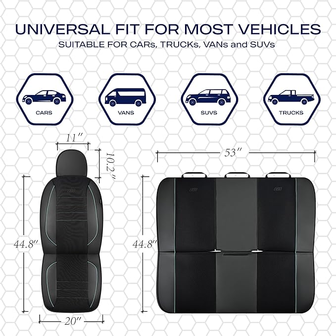 Skechers Air-Cooled Memory Foam Seat Cover,Mesh Thick Car Seat Covers,Piping Leather Car Seat Cover,Airbag Compatible,Automotive Comfort for Most Cars, Vans, Trucks, SUV(Mint,Full Set)