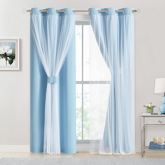 Bujasso Sky Blue 80% Blackout Curtains with Sheer Overlay Mix and Match Double Layer Thermal Insulated Window Panels 95 inch for Living Room Bedroom Blue Drapes with Tiebacks Grommet Top 37" Wx95 Lx2