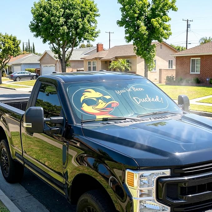 63"x28.5" Car Windshield Sun Shade with Storage Pouch, Stylish Printed Front Window Sunshade with Double Ring Frame, Universal Fit Foldable Heat Blocker & UV Protector for SUV, Sedan (Duck)