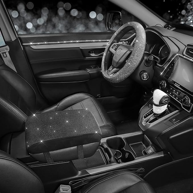 SEG Direct Diamond Auto Center Console Cover, Bling Car Armrest Cover, Memory Foam Armrest Cushion Pad with Crystal Rhinestones, Universal Seat Box Cover, Black Diamond