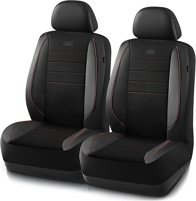 Skechers Air-Cooled Memory Foam Seat Covers,Mesh Thick Car Seat Covers,Piping Leather Car Seat Covers Front Seats,Airbag Compatible,Automotive Comfort Universal FitMost Cars,Vans,Truck,SUV,Brown