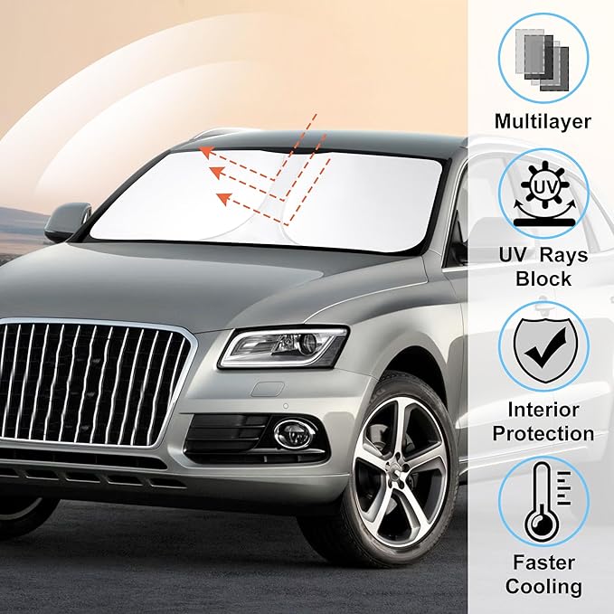Windshield Sun Shade Custom Fit for 2009-2017 Audi Q5/2014-2017 Audi SQ5 Accessories Foldable Sunshade Sun Blocker Protect Car from Sun Rays & Heat Damage Keep Car Cooler