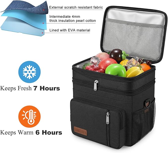 MIYCOO Lunch Bag & Lunch Box for Men Women, Double Deck Leakproof Insulated Soft Large Adult Camping Cooler bag for Work, Beach, Picnic, Travel (Black, 15L)