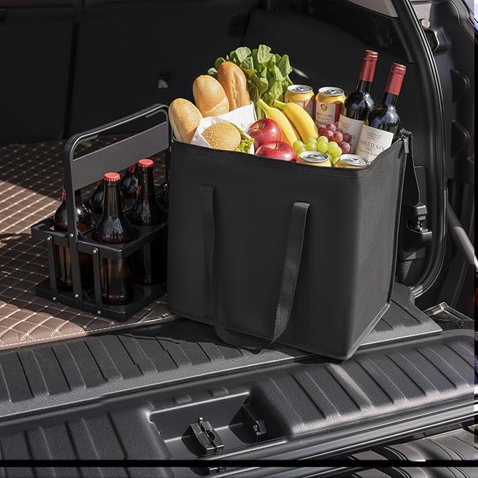 Reusable 6 Cup Drink Carrier with Handle and Insulated Food Delivery Bag, Portable Plastic Cup Caddy, 26L Grocery Cooler Box for Car Delivery, Travel, Picnic
