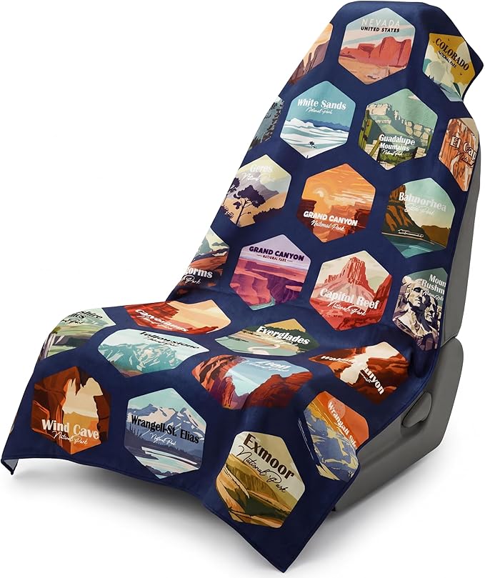 1 Pack Car Seat Towel Covers with Storage Bag 63 x 32 Inch Athletic Running Towel Seat Sweat Washable Non Slip Cover Gift for Car Outdoor Sport Activities (Multi National Parks 1)