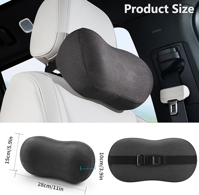 Car Neck Pillow Ergonomic Design Memory Foam Softness Car Headrest Pillow for Neck Support Cushion for Driving, Universal Fit Head Rest Travel Pillow, Fits All Vehicles, Black, 2 Pack