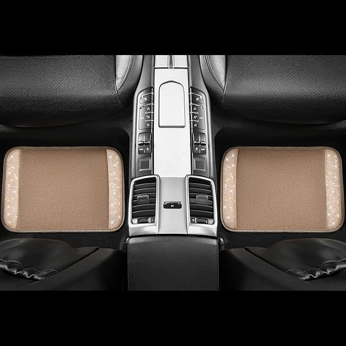 CAR PASS Bling Car Mats Shining Diamond Carpet Crystal Rhinestones Sparkly Glitter Floor Mats with Anti-Slip PVC Heel Pad Universal Fit for Automotive SUV, Sedan, Car, Van, 4pcs for Girl Women, Beige
