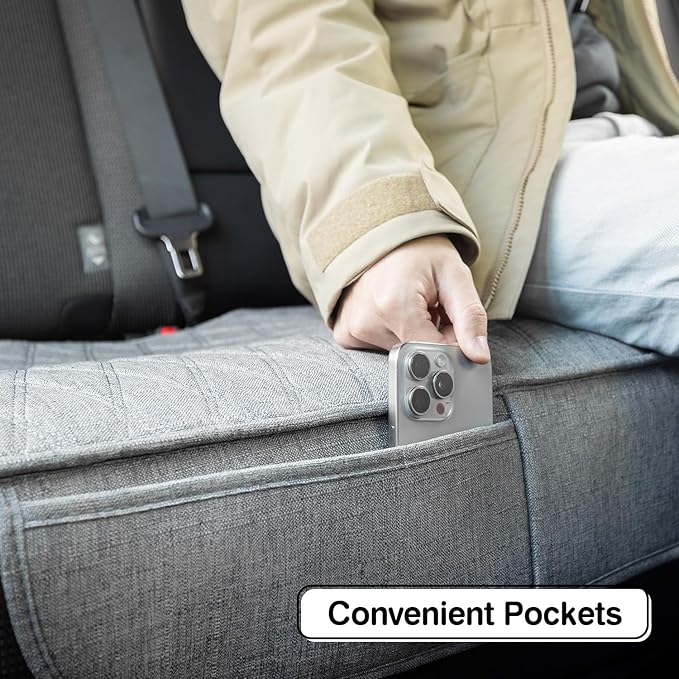 Universal Grey Anti-Slip Rear Car Seat Cover Size L - Faux Linen Bottom Bench Seat Cushion Fits Most of Vehicles Cars Truck SUV Van - Automotive Long Back Seats Protectors with Storage Pocket
