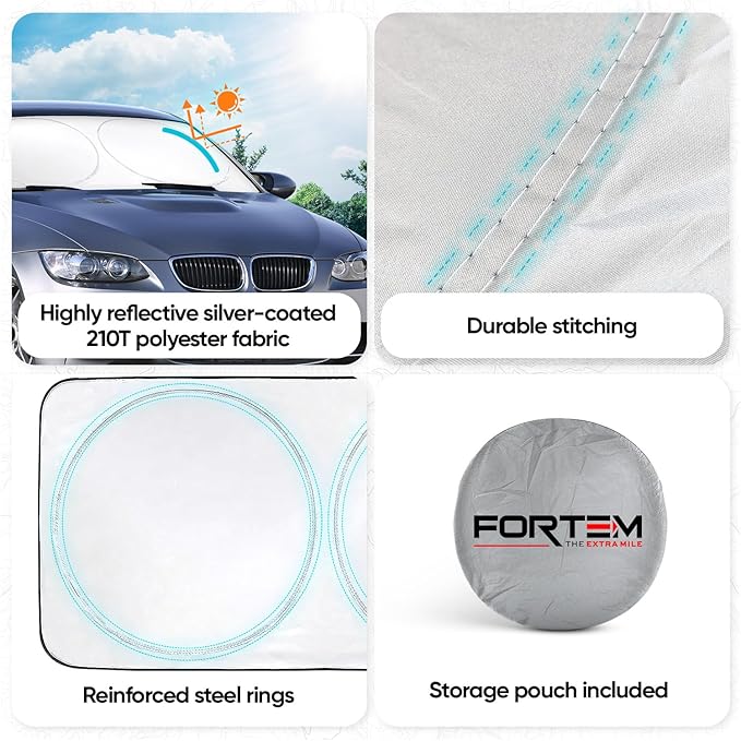 FORTEM Car Sun Shade for Windshield, Reflective Windshield Sunshade, 240T Polyester, Automotive Interior Sun Protection, Ultimate Heat and UV Shield, Foldable, Storage Bag