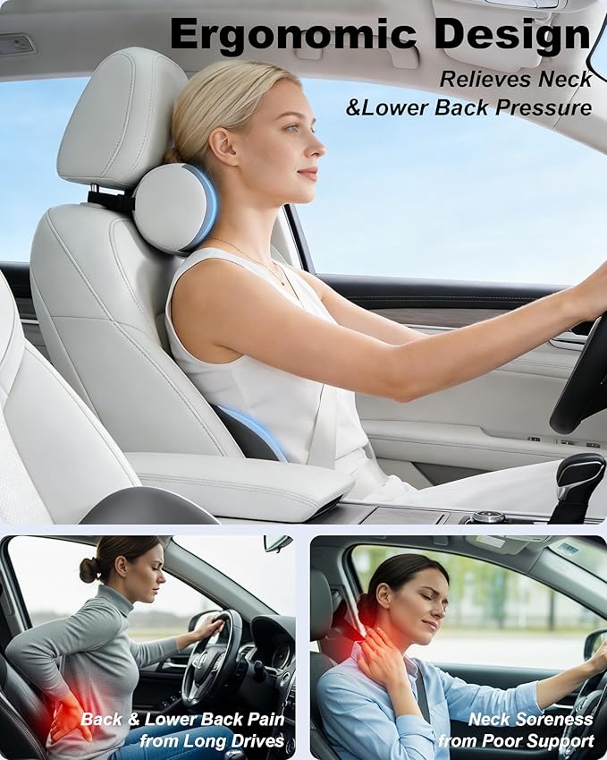 Car Lumbar Support and Neck Support Headrest Pillow Kit, Ergonomic Memory Foam Cushion for Sciatica & Tailbone Pain Relief – Fits Car Seat, Office Chair & Wheelchair