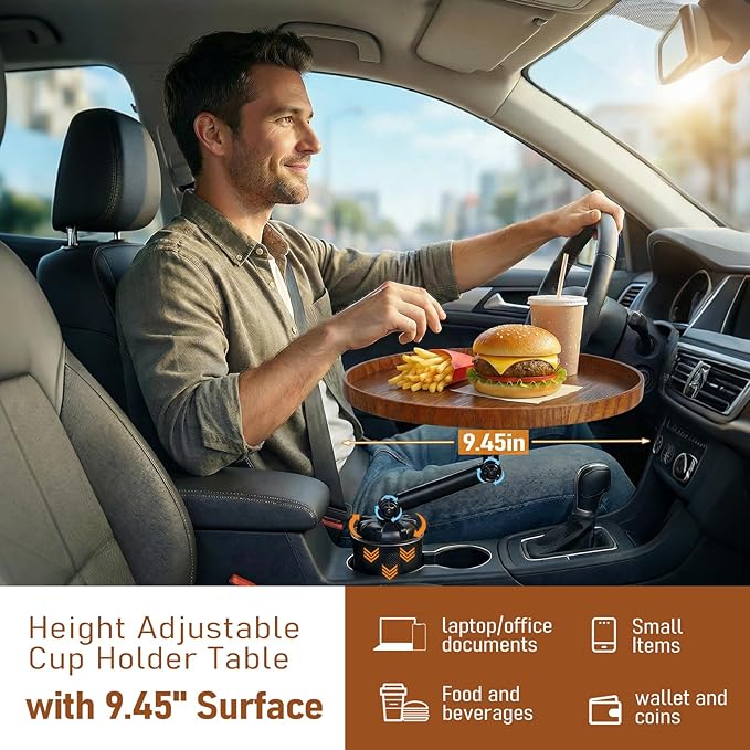 Car Food Cup Holder Tray - 360° Rotating Car Table and Car Seat Tray, Detachable Wooden Car Desk for Laptop and Food Tray, Compatible with Tesla Model Y/3/S, Ford F150/Explorer (Brown, 9.45")