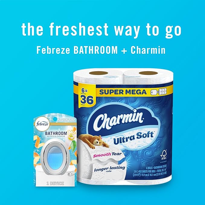 Febreze Bathroom Air-Freshener, Odor-Fighting, Plug In Alternative, Air-Fresheners for Home, Bathroom, & Kitchen, Closet, Pet & Litter Box Odor Fighter, Refresh & Energize Scent, 4ct, (Pack of 2)