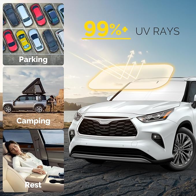 Car Windshield Sun Shade Compatible with 2020 2021 2022 2023 2024 2025 2026 Toyota Highlander Accessories Sunshade Custom for Highlander L LE XLE Limited Platinum Windshield Sun Visor