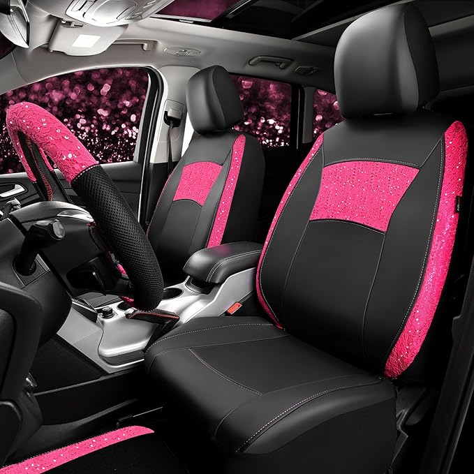 CAR PASS Universal Leather Pink Lace Car Seat Covers Full Set for Women Girls, Waterproof Car Floor Mats Carpet, Steering Wheel Cover for Car Accessories Interior Sets 10PCS Included