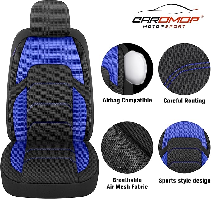CAROMOP 3D Air Mesh Car Seat Covers Full Set,Breathable and Durable Seat Covers for Cars,Split Bench Compatible,Universal Fit for SUV,Vans,sedans, Trucks, Automotive Interior Covers(5-Seat Black/Blue)