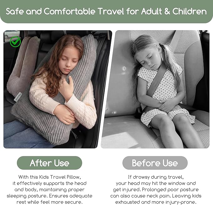HIGOGOGO Washable Travel Pillow, Car Pillow for Kids & Adults, Travel Pillows with Removable Soft Cover and High-Support Foam, Fix Neck and Body Sitting/Sleeping on The Trip, Dark Grey