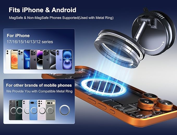 Car Phone Holder Mount for Magsafe [110+LBS Suction & 3500gf Magnetic] 360° Adjustable Vacuum Suction Cup Mount, Phone Holders for Your Car for iPhone 17 Pro Max 16 15 14 13 12 Plus & Android