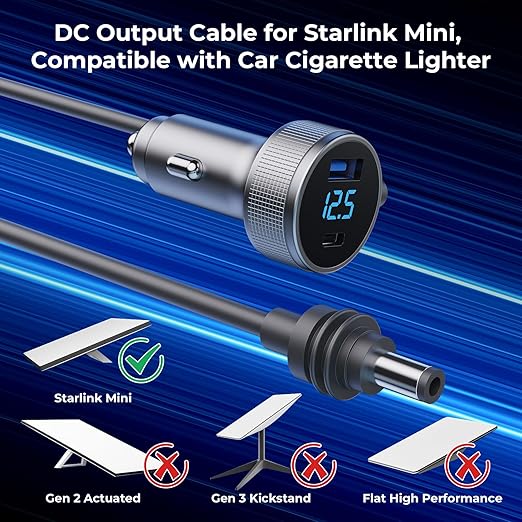 Starlink Mini Cable, 3 in 1 Starlink Mini Car Charger DC Power Cable+ Cigarette Lighter Adapter 12V-48V with Digital Display, Durable USB C PD 40W and USB A 35W Ports for Trucks and Cars (16.4FT)