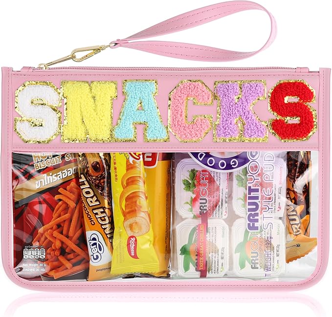 Snack Bag for Travel - Clear Chenille Varsity Letter Flat Pouch with Zipper, 12.2×8.46 inch Waterproof Clear Nylon Preppy Patch Makeup Cosmetic tote Bags for Women Girls