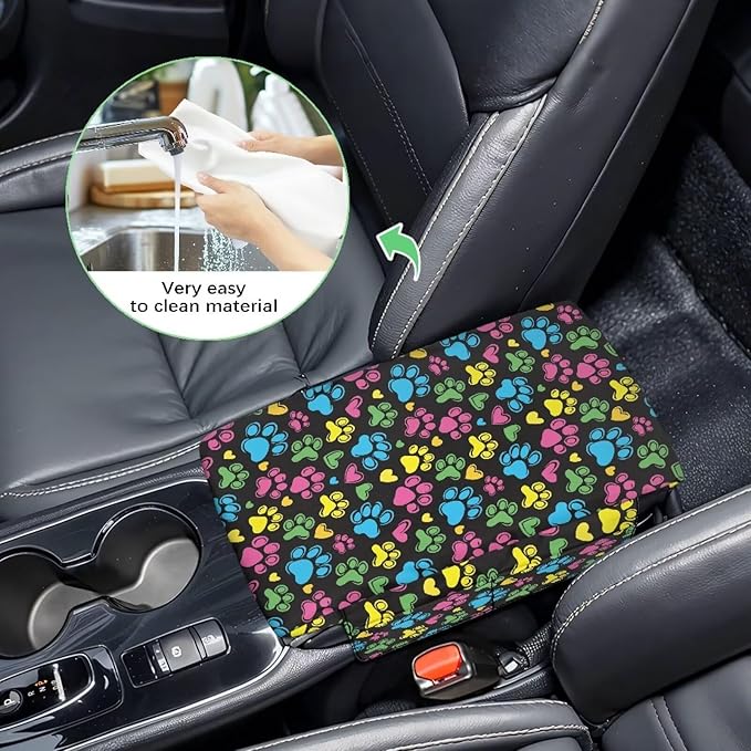 Dreaweet Colorful Dog Paw Center Console Armrest Pad Cover Cute Car Accessories for Women Middle Console Covers with Pockets Soft Anti-Scratch Car Armrest Storage Box Mat