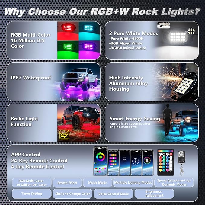 8Pods Heavy Duty Aluminum RGBW LED Rock Lights Kit for Jeep Trucks UTV ATV Golf Cart RZR SXS 4Wheeler Off-Road Vehicles, APP & RF Remote, Plug & Play Pre-Wired, Waterproof 12V Underglow Accent Light