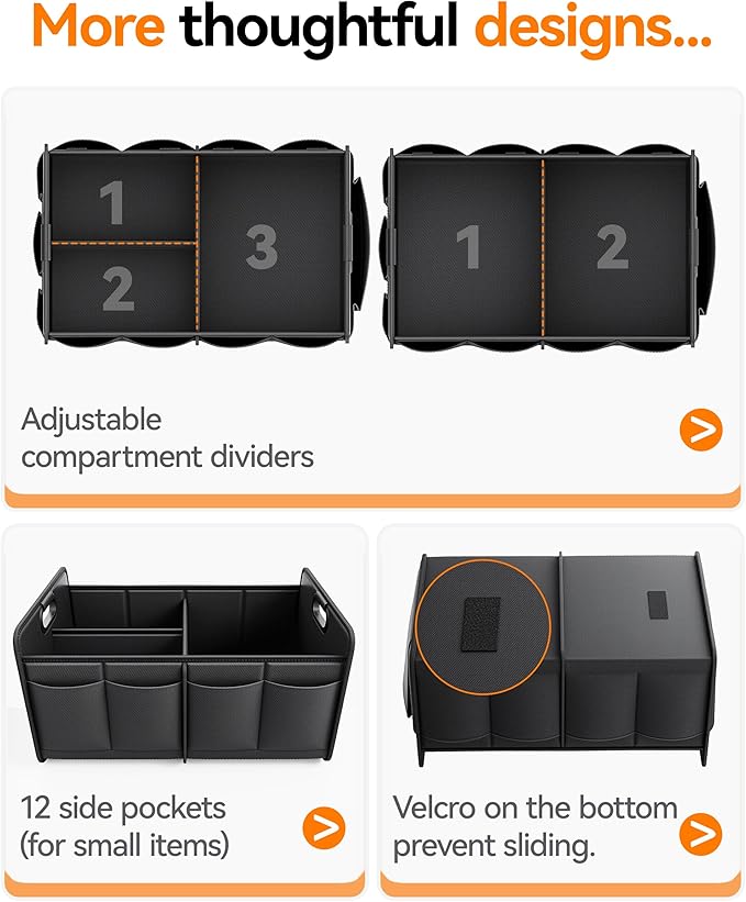 Homeve Trunk Organizer, Car Storage, Reinforced Handles, Collapsible Multi-Compartment, Foldable, Waterproof, Sturdy, 600D Oxford Polyester For Car, SUV, Mini-Van, Black, 2 Compart
