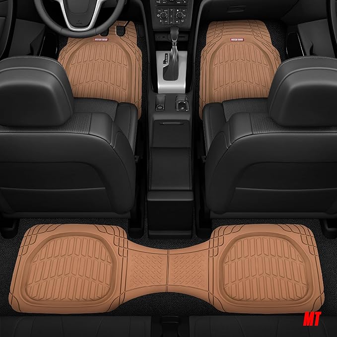 Motor Trend FlexTough 4-Piece Heavy Duty Floor Mats for Cars Trucks SUVs, Automotive Floor Mats Car Mats Full Set Front, Rear & Cargo, Trim-To-Fit Semi-Custom Deep Dish All Weather Rubber Mats - Beige