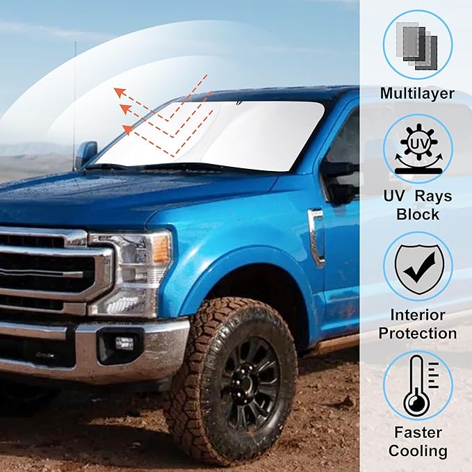 Windshield Sun Shade Custom Fit for 2017-2022 Ford Super Duty F250 F350 F450 F550 Accessories Front Window Sunshade Keep Car Cooler