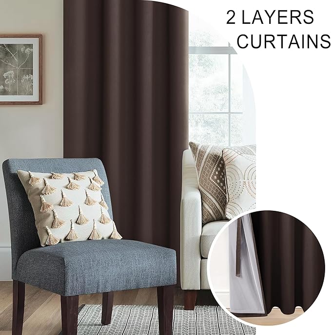 XWZO 100% Blackout Curtain Panels - Extra Large Thermal Insulated Black Liner Curtains, Noise Reducing and Heat Blocking Drapes for Bedroom with Tiebacks, Brown, W52 x L108, Set of 2