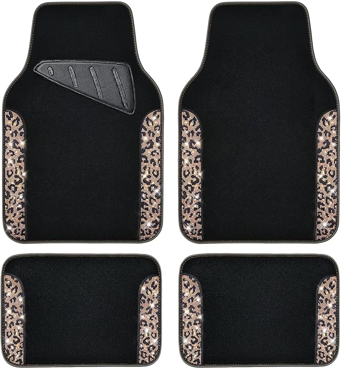 CAR PASS Bling Diamond Car Floor Mats, Shining Rhinestone Carpet Sparkly Glitter Crystal with Anti-Slip PVC Heel Pad Waterproof Universal Fit Automotive SUV,Sedan,Van,Cute Girl Women,4pcs Gold Leopard