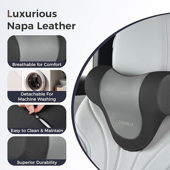 Coverado Car Headrest Pillow, Ergonomic Memory Foam Car Neck Pillow for Driving Seat with Adjustable Strap, Soft PU Leather Breathable Removable Cover Neck Support for Neck Pain Relief