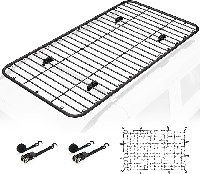WILDROAD Car Roof Platform, Universal Roof Flat Rack 90" x 47" x 1.3" Heavy Duty Roof Rack Platform with Super Duty Bungee Cargo Net, Ratchet Straps and Anti-Rust Sealant Fits for SUV Truck Cars