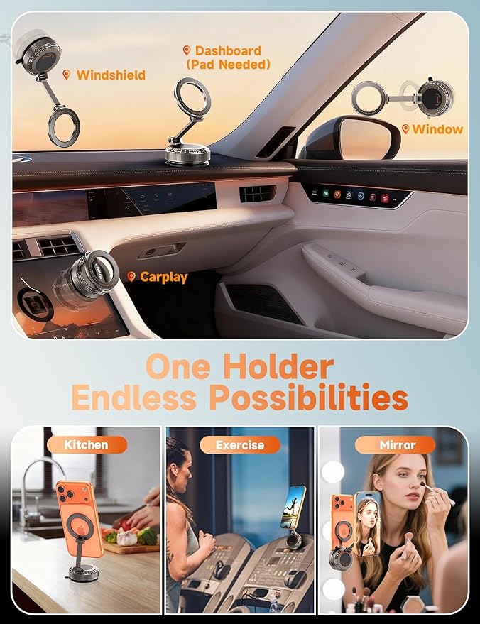 Pure Zinc Alloy Vacuum Magnetic Phone Holders for Your Car [105+LBS Suction & 3800gf Magnetic] 360° Adjustable Magsafe Car Phone Holder Mount for iPhone 17 16 15 14 13 12 Series & Android