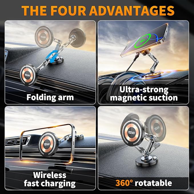 Magnetic Car Mount Charger Wireless, 15W Fast Charging 2 in 1 Magnetic Cell Phone Holder Stick on Dashboard Windshield, 360° Foldable Full Metal Car Accessories for iPhone16/15/14/13/12 Series